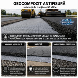Geocompozit pentru armare asfalt 50/50 kN/m cu geogrila din fibra de sticla si geotextil PP, rola 2.2 x 100 metri pentru prevenirea fisurilor si consolidarea straturilor rutiere